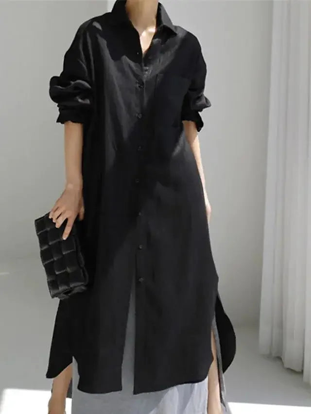Summer Fashion New Women's Cotton Linen Dress Shirt Elegant Loose Irregular Cardigan Single Breasted Fashion Long Sleeved Dress