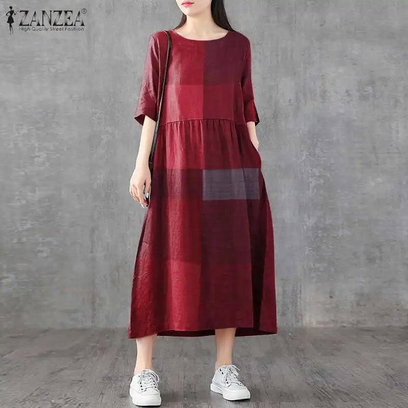 ZANZEA Women Cotton Linen Dresses Vintage Plaid Half Sleeve Midi Vestidos Casual O-neck Long Sundress 2023 Holiday Pocket Robes