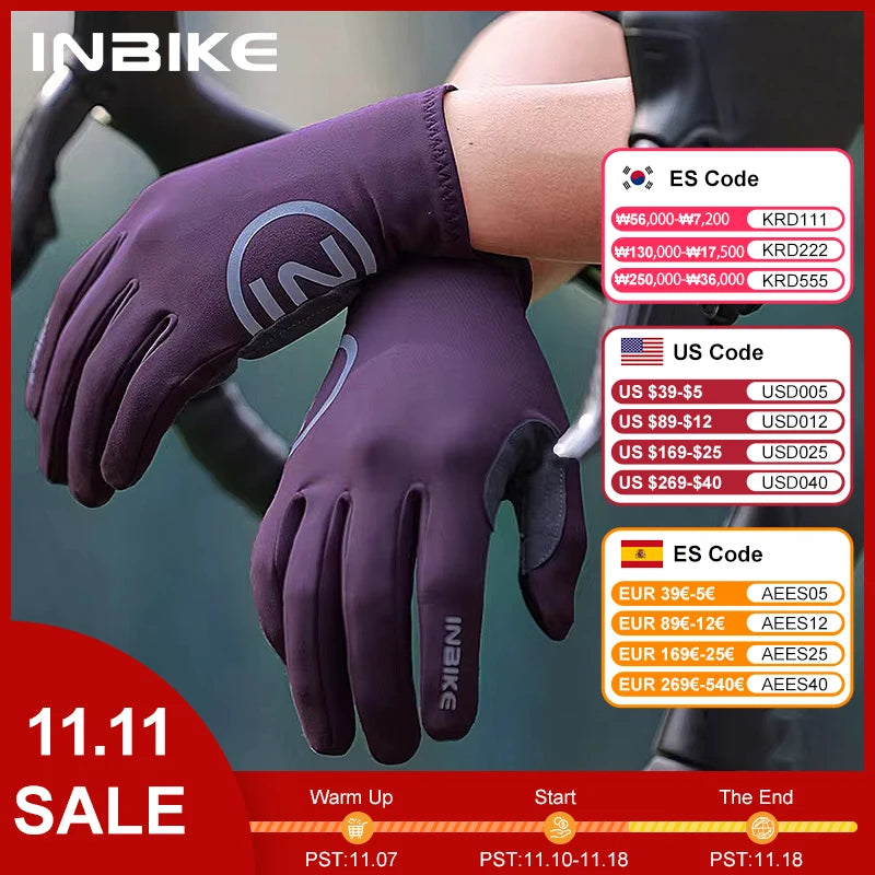 INBIKE 2024 Cycling Gloves Gel Padded for Men Autumn Winter Fleece Road Bike Gloves MTB Full Finger Touchscreen Bike Accessories