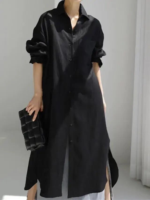 Summer Fashion New Women's Cotton Linen Dress Shirt Elegant Loose Irregular Cardigan Single Breasted Fashion Long Sleeved Dress